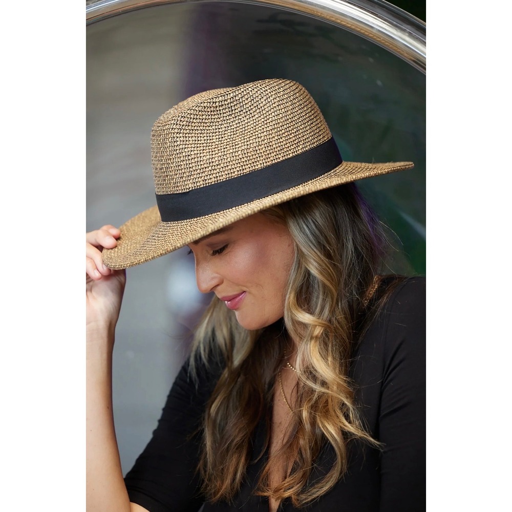 Peter Grimm Seagrass Straw Fedora Hat Tan Brown Sun Hat with Black Band O/S